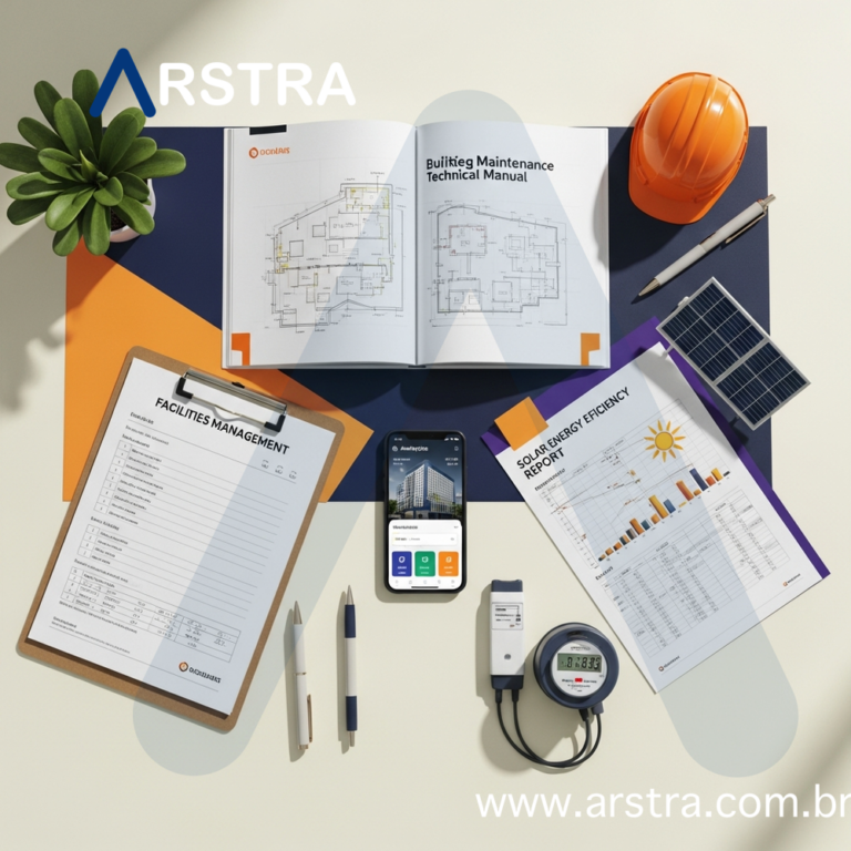 Vista aérea de mesa de trabalho com documentos de facilities management, manutenção predial e gestão energética organizados ao redor de smartphone com dashboard de sistemas prediais