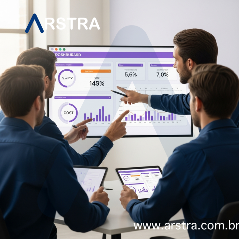 Equipe de gestão de facilities colaborando positivamente em frente a dashboard digital com indicadores de qualidade, custo e prazo