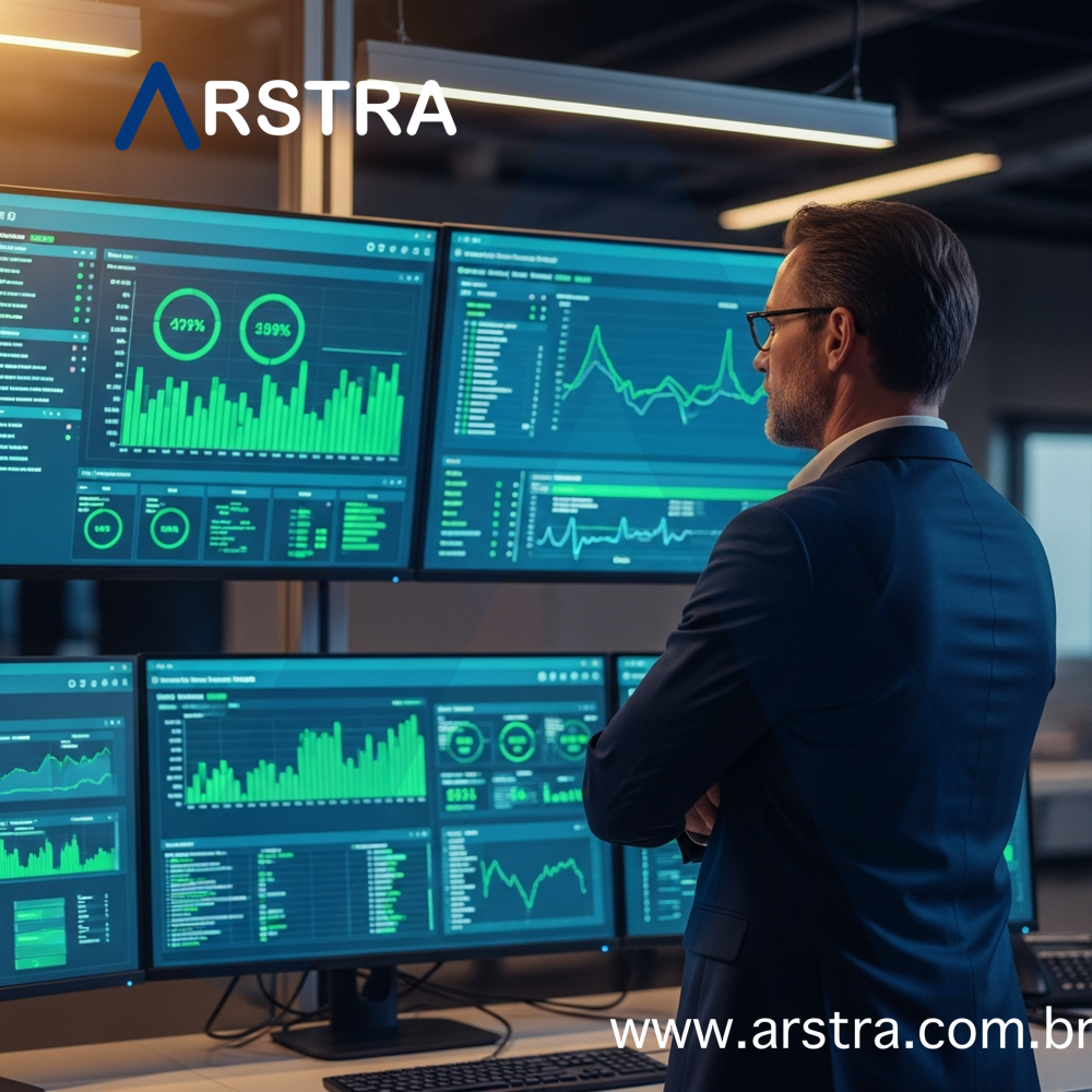 Engenheiro analisando dashboard de indicadores de desempenho em sala de controle de infraestrutura predial