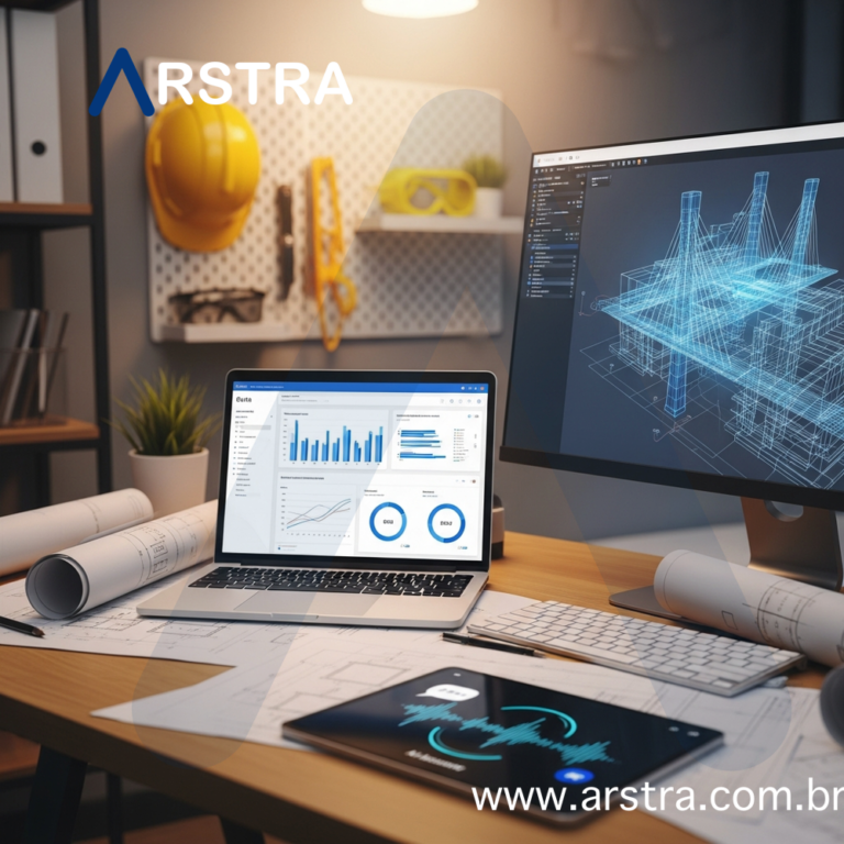 Mesa de trabalho de engenheiro com laptop mostrando dashboard de dados e modelo BIM representando habilidades do futuro para engenheiros na era da IA