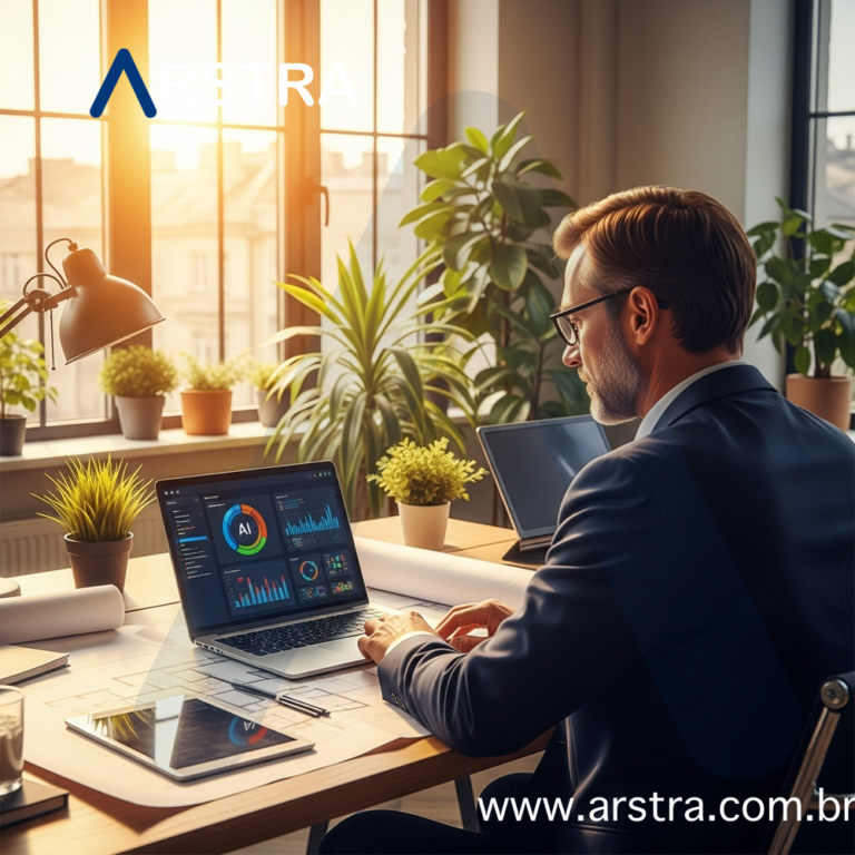 Profissional de engenharia utilizando inteligência artificial no mercado de trabalho em um espaço de trabalho moderno e iluminado com interface de IA na tela