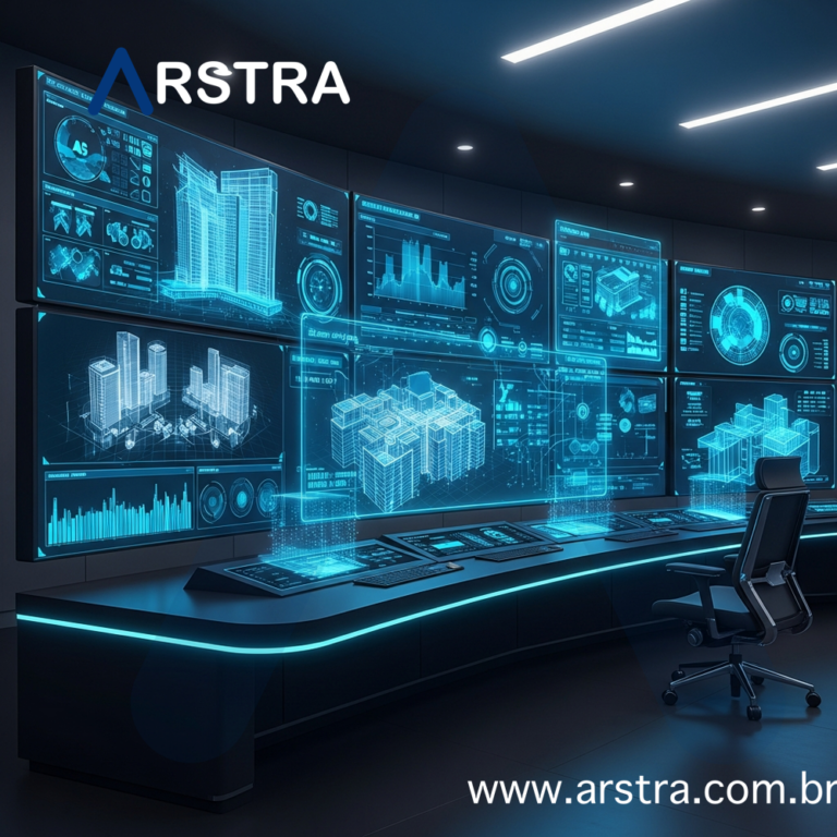 Sala de controle de engenharia com painéis de análise de inteligência artificial aplicada à gestão de facilities