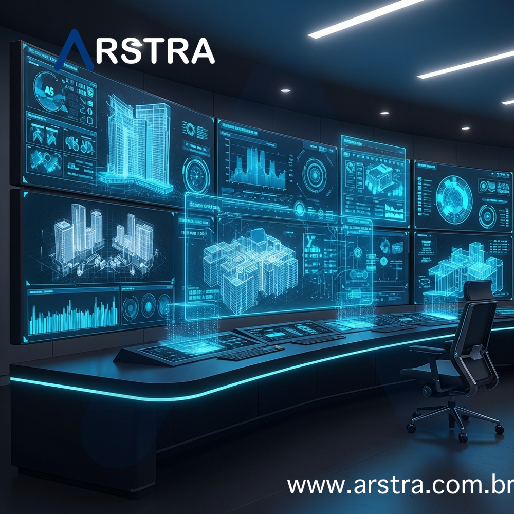 Sala de controle de engenharia com painéis de análise de inteligência artificial aplicada à gestão de facilities