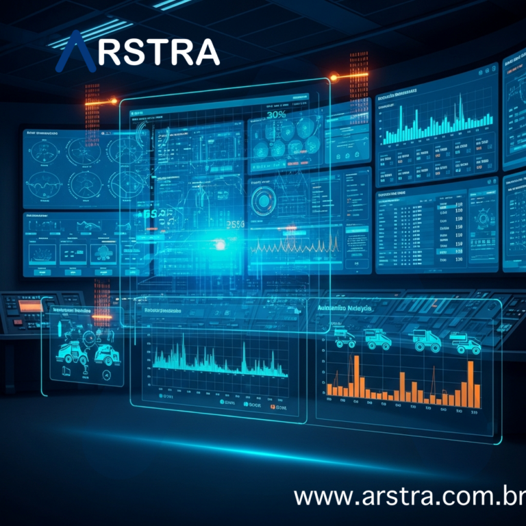 Centro de operações industrial com painéis de dados em tempo real mostrando IA aplicada à manutenção preditiva e monitoramento de ativos industriais