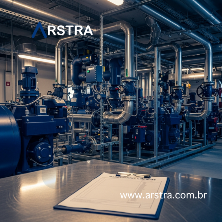 Sala de máquinas de edifício comercial com sistemas HVAC, tubulações e válvulas industriais organizadas, representando gestão de manutenção predial estruturada