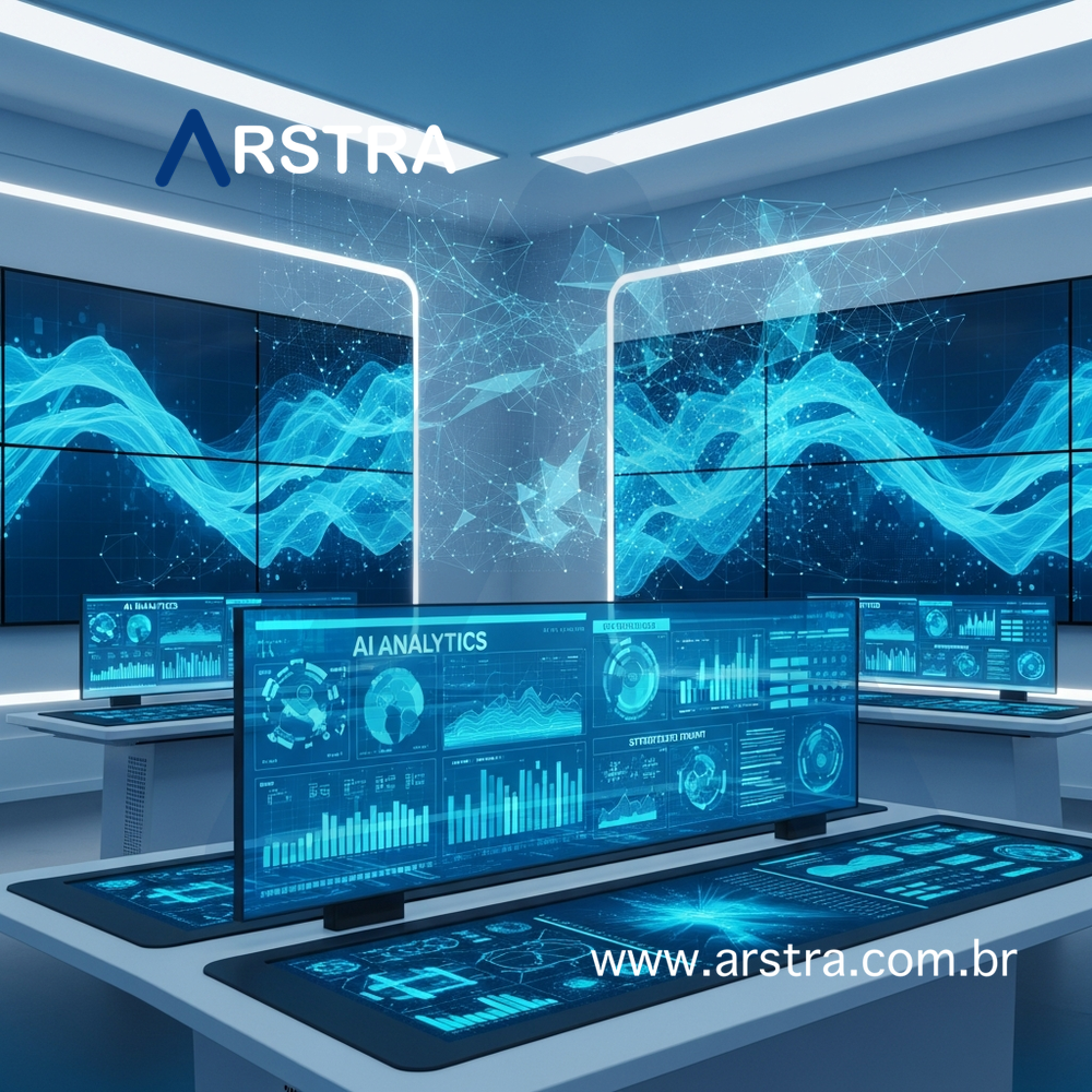Painel de controle de engenharia com dashboards de inteligência artificial mostrando análise de dados e relatórios estruturados em ambiente de infraestrutura
