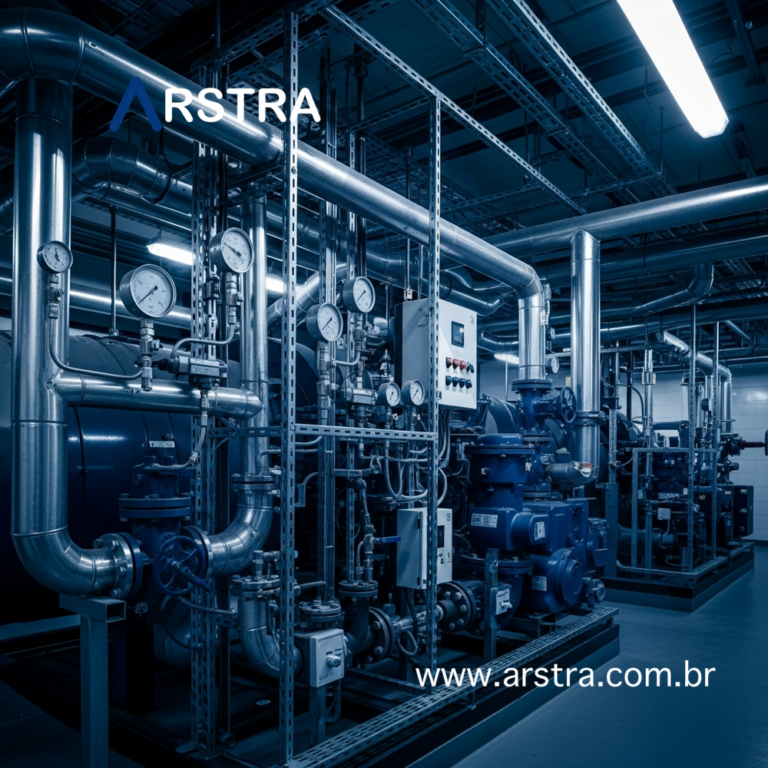Sala técnica de facilities com sistemas HVAC, tubulações e válvulas organizadas — representando gestão estratégica de facilities em operação predial corporativa