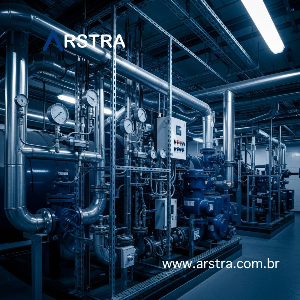 Sala técnica de facilities com sistemas HVAC, tubulações e válvulas organizadas — representando gestão estratégica de facilities em operação predial corporativa