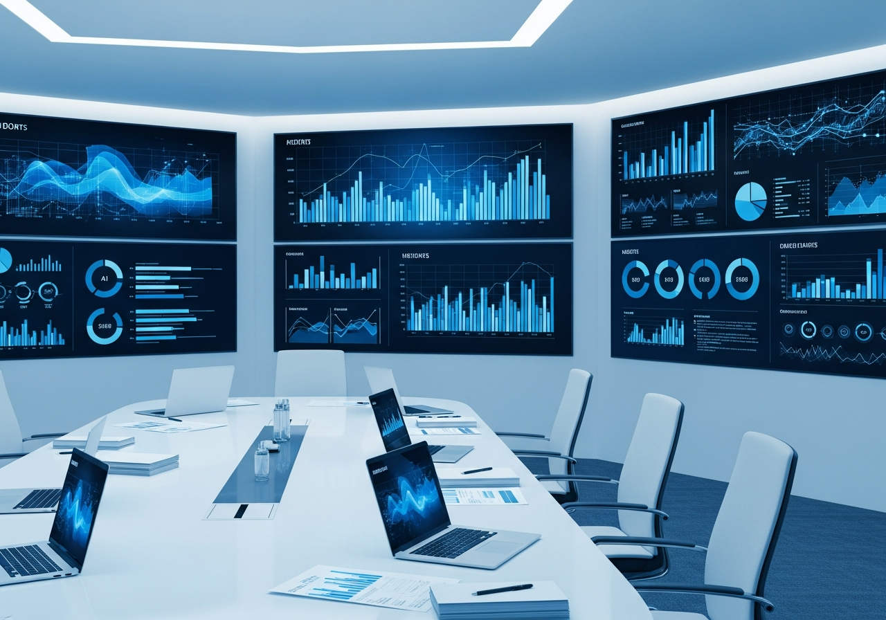 Sala de controle com dashboards de IA exibindo análise de dados e relatórios estruturados em ambiente de engenharia
