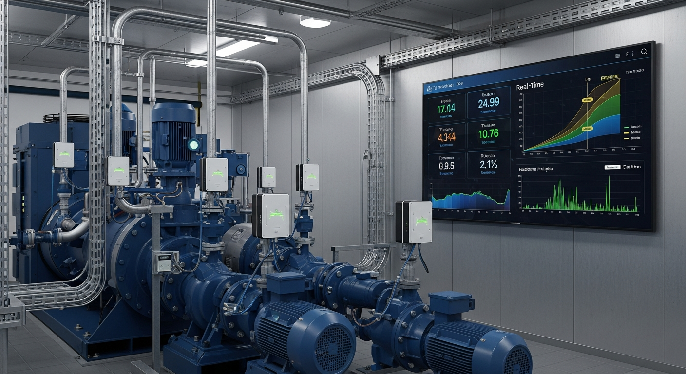 Manutenção preditiva em facilities com IA — painel de monitoramento em tempo real Sala de controle de facilities com sensores IoT e dashboard de manutenção preditiva em tempo real