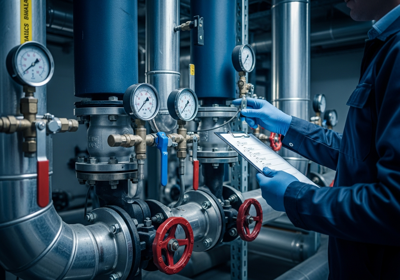 Inspeção de sistemas HVAC e tubulações em sala de máquinas de edifício comercial — etapa central da manutenção preventiva predial