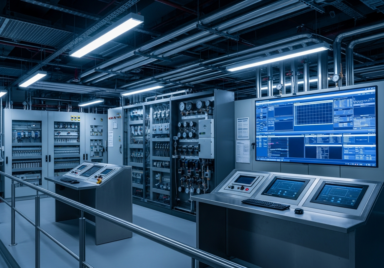 Sala de controle predial com painéis elétricos e sistemas HVAC organizados representando gestão estratégica de facilities