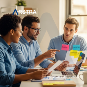 Gestor e engenheiro em conversa focada revisando instruções estruturadas no computador, representando a analogia entre prompts de IA e comunicação clara na liderança