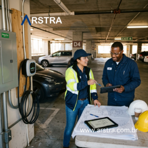 Carregador de carro elétrico em condomínio: equipe técnica avaliando infraestrutura elétrica da garagem