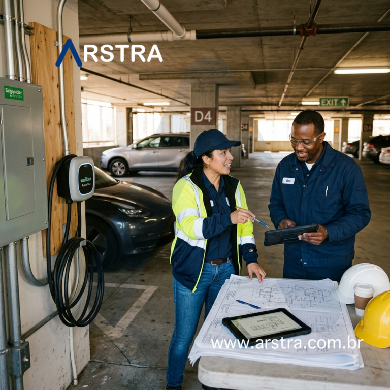 Carregador de carro elétrico em condomínio: equipe técnica avaliando infraestrutura elétrica da garagem