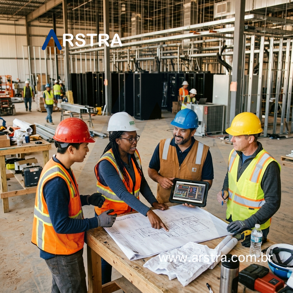 Equipe de engenharia analisando planos de gestão de data center em canteiro de obras com infraestrutura elétrica e de resfriamento