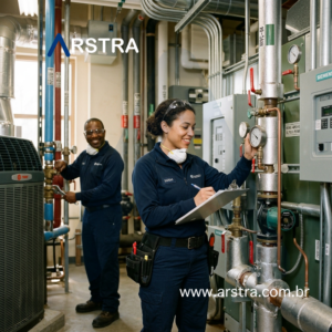 Técnico de facilities inspecionando sala de máquinas durante retrofit de edifícios para redução de custos