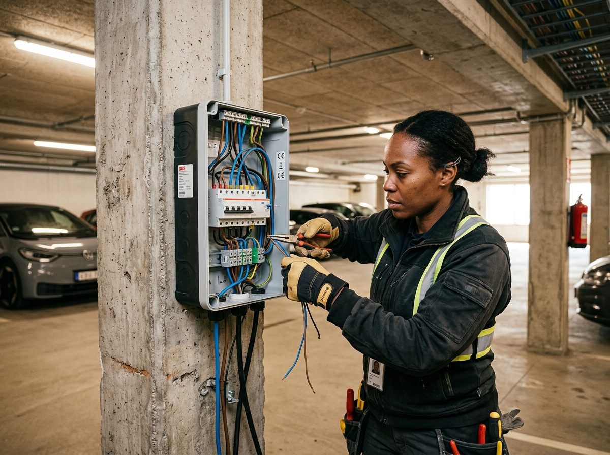 Eletricista instalando carregador de carro elétrico em condomínio, conectando o quadro elétrico dedicado