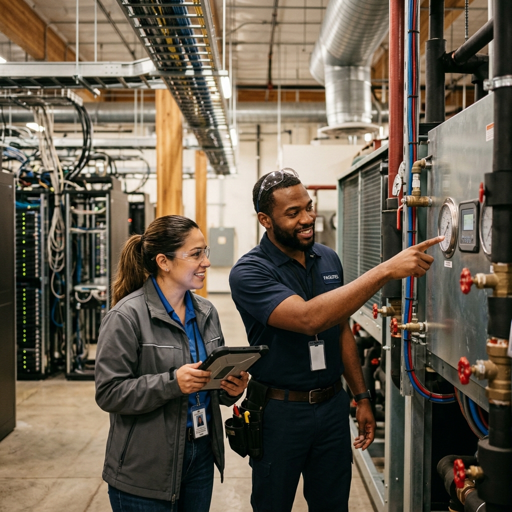 Engenheiros inspecionando racks de servidores e sistema de resfriamento em data center durante gestão de operação