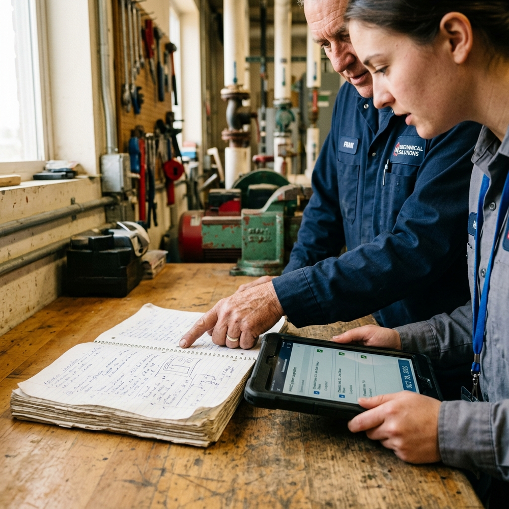 Como Aproveitar o Conhecimento dos Técnicos Mais Experientes Antes de Usar IA na Manutenção Caderno de anotações de técnico experiente ao lado de tablet, simbolizando como aproveitar o conhecimento dos técnicos mais experientes com IA